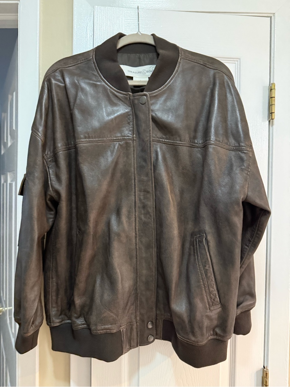 Treasure & Bond Brown Leather Bomber Jacket